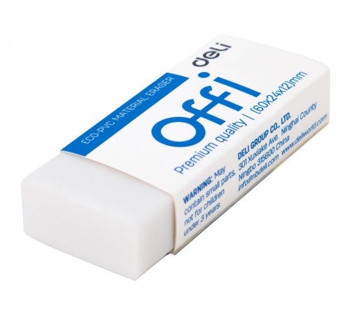 Ластик Deli EH03110 Offi 60x24x12мм ПВХ белый индивидуальная картонная упаковка
