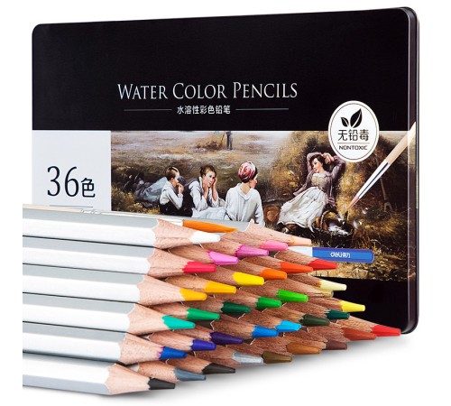 Карандаши цветные акварельные Deli 6522 Nuevo липа 36цв. сереб. корпус мет.кор.