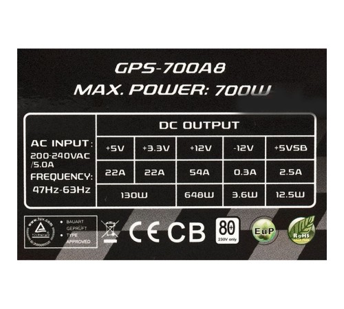 Блок питания Chieftec PSU GPS-700A8 700W Smart ser ATX2.3 230V Brown Box 12cm 80%+ Fan Active PFC 20+4, 8(4+4)p,8(6+2)p, 4xSATA, 2xMolex+Floppy  (GPS-700A8)