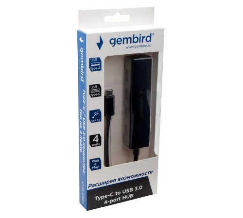 Концентратор USB 3.0 Gembird UHB-C364, 4 порта, Type-C, с доп питанием