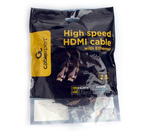 Кабель HDMI Cablexpert CCP-HDMI8K-2.5M, 2.5м, v2.1, 8K, 19M/19M, черный, позол.разъемы, экран, пакет Кабель HDMI Cablexpert CCP-HDMI8K-2.5M, 2.5м, v2.1, 8K, 19M/19M, черный, позол.разъемы, экран, пакет