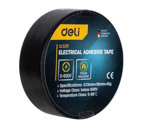 Изолента Deli DL5261 0,13мм х 18мм х 10м, напряжения до 600В, температурный рейтинг 0-80, ПВХ