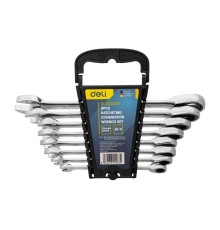 Ключи Deli Набор комбинированных ключей с трещоткой 8 шт Deli DL140108T размеры 8,10,12,13,14,15,17,19мм, сталь 40Cr, трещотка 50BV30 72 зуба, пластиковый кейс