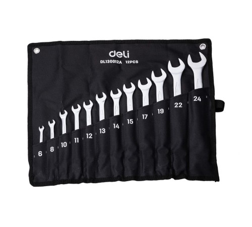 Ключи Deli Набор комбинированных гаечных ключей 12 шт Deli DL130012A размеры 6,8,10,11,12,13,14,15,17,19,22,24мм, матовая хромированная поверхность, чехол из ткани Оксфорд Ключи Deli Набор комбинированных гаечных ключей 12 шт Deli DL130012A размеры 6,8,10,11,12,13,14,15,17,19,22,24мм, матовая хромированная поверхность, чехол из ткани Оксфорд