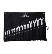Ключи Deli Набор комбинированных гаечных ключей 14 шт Deli DL130014B размеры 10,11,12,13,14,16,17,18,19,21,24,27,30,32мм, матовая хромированная поверхность, чехол из ткани Оксфорд