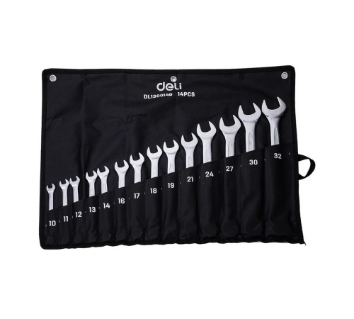 Ключи Deli Набор комбинированных гаечных ключей 14 шт Deli DL130014B размеры 10,11,12,13,14,16,17,18,19,21,24,27,30,32мм, матовая хромированная поверхность, чехол из ткани Оксфорд Ключи Deli Набор комбинированных гаечных ключей 14 шт Deli DL130014B размеры 10,11,12,13,14,16,17,18,19,21,24,27,30,32мм, матовая хромированная поверхность, чехол из ткани Оксфорд