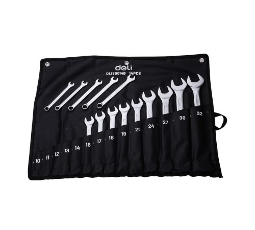 Ключи Deli Набор комбинированных гаечных ключей 14 шт Deli DL130014B размеры 10,11,12,13,14,16,17,18,19,21,24,27,30,32мм, матовая хромированная поверхность, чехол из ткани Оксфорд Ключи Deli Набор комбинированных гаечных ключей 14 шт Deli DL130014B размеры 10,11,12,13,14,16,17,18,19,21,24,27,30,32мм, матовая хромированная поверхность, чехол из ткани Оксфорд