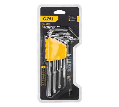 Ключи Deli «Набор шестигранных ключей «TORX" сверхдлинных Deli DL3091 9шт размеры Т10,Т15,Т20,Т25,Т27,Т30,Т40,Т45,Т50, пластиковый держатель Ключи Deli «Набор шестигранных ключей «TORX" сверхдлинных Deli DL3091 9шт размеры Т10,Т15,Т20,Т25,Т27,Т30,Т40,Т45,Т50, пластиковый держатель