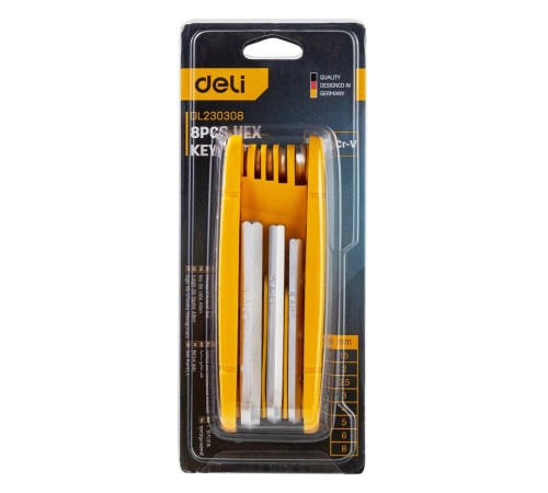 Ключи Deli Набор складных шестигранных ключей Deli DL230308 размеры 1,5, 2, 2,5, 3, 4, 5, 6, 8 мм, пластиковый держатель Ключи Deli Набор складных шестигранных ключей Deli DL230308 размеры 1,5, 2, 2,5, 3, 4, 5, 6, 8 мм, пластиковый держатель