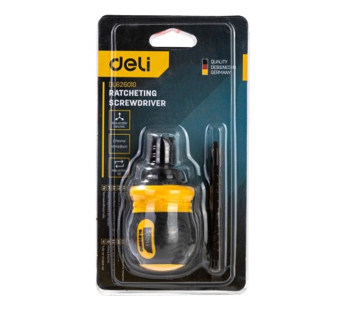 Двухсторонняя отвертка с трещеткой Deli DL626010  PH2+SL6x85мм, сталь CrV, длина: 95-140 мм, диаметр хвостовика 6,3мм.