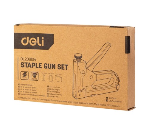 Степлеры, пистолеты, заклепочники Deli Мебельный степлер Deli DL238104 с набором скоб (2000шт D-тип, 2000шт Т-тип, 2000шт U-тип)