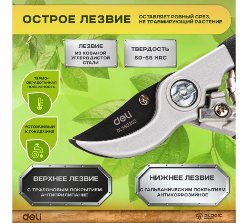 Секатор садовый Deli DL580203 лезвия с тефлоновым покрытием, длина 210мм, макс.диаметр резки 15мм, сталь 55С Секатор садовый Deli DL580203 лезвия с тефлоновым покрытием, длина 210мм, макс.диаметр резки 15мм, сталь 55С