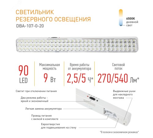 Светильник светодиодный аварийный непостоянный DBA-107-0-20 90LED 4ч IP20 (20/560) ЭРА Б0044404