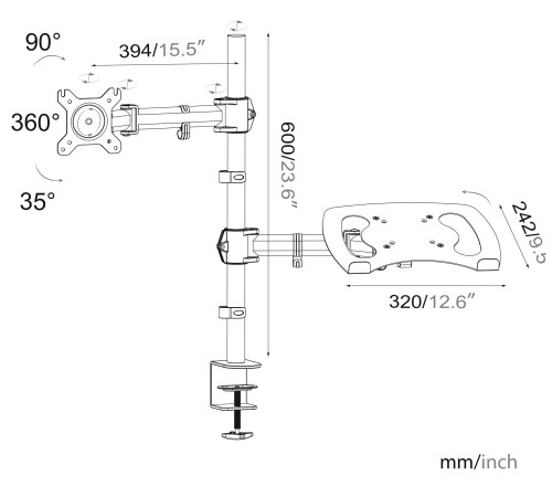 Кронштейн для монитора/ноутбука Cactus CS-VM-LH07-AL серебряный 13"-27" макс.8кг настольный поворот и наклон