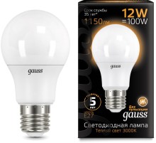 Лампа светодиодная Gauss A60 12Вт цок.:E27 груша 220B 3000K св.свеч.бел.теп. A60 (упак.:1шт) (102502112)