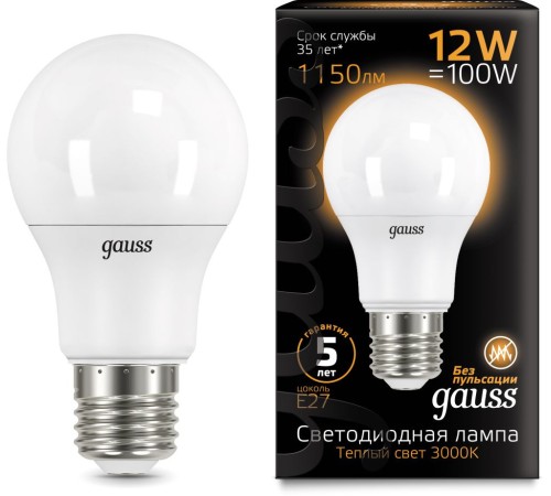 Лампа светодиодная Gauss A60 12Вт цок.:E27 груша 220B 3000K св.свеч.бел.теп. A60 (упак.:1шт) (102502112) Лампа светодиодная Gauss A60 12Вт цок.:E27 груша 220B 3000K св.свеч.бел.теп. A60 (упак.:1шт) (102502112)