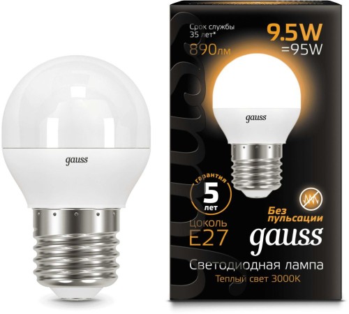 Лампа светодиодная Gauss 9.5Вт цок.:E27 шар 220B 3000K св.свеч.бел.теп. P45 (упак.:1шт) (105102110) Лампа светодиодная Gauss 9.5Вт цок.:E27 шар 220B 3000K св.свеч.бел.теп. P45 (упак.:1шт) (105102110)