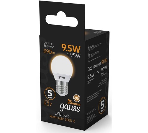 Лампа светодиодная Gauss 9.5Вт цок.:E27 шар 220B 3000K св.свеч.бел.теп. P45 (упак.:1шт) (105102110) Лампа светодиодная Gauss 9.5Вт цок.:E27 шар 220B 3000K св.свеч.бел.теп. P45 (упак.:1шт) (105102110)