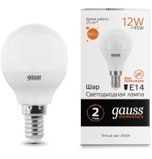 Лампа светодиодная Gauss Globe Elementary 12Вт цок.:E14 шар 220B 3000K св.свеч.бел.теп. P45 (упак.:1шт) (53112)