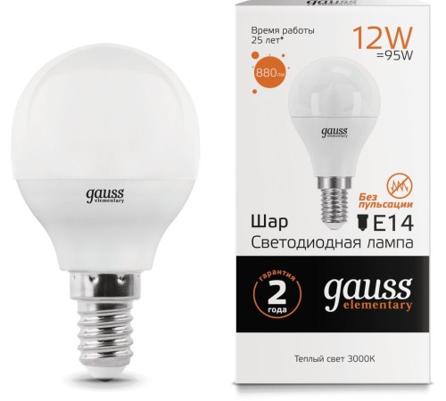 Лампа светодиодная Gauss Globe Elementary 12Вт цок.:E14 шар 220B 3000K св.свеч.бел.теп. P45 (упак.:1шт) (53112)