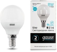 Лампа светодиодная Gauss Elementary 8Вт цок.:E14 шар 220B 4100K св.свеч.бел.ней. P45 (упак.:10шт) (53128)