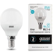 Лампа светодиодная Gauss Elementary 8Вт цок.:E14 шар 220B 4100K св.свеч.бел.ней. P45 (упак.:10шт) (53128)