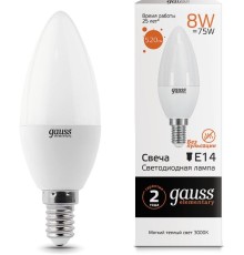 Лампа светодиодная Gauss Elementary 8Вт цок.:E14 свеча 220B 3000K св.свеч.бел.теп. С35 (упак.:10шт) (33118)
