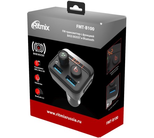 Автомобильный FM-модулятор Ritmix FMT-B100 черный MicroSD BT USB (80000554)