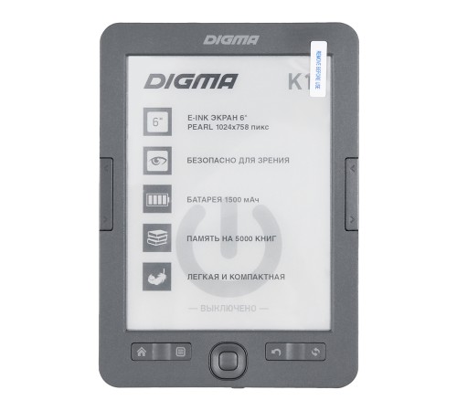 Электронная книга Digma K1 6" E-ink HD Pearl 758x1024 600MHz 128Mb/4Gb/SD/microSDHC темно-серый Электронная книга Digma K1 6" E-ink HD Pearl 758x1024 600MHz 128Mb/4Gb/SD/microSDHC темно-серый