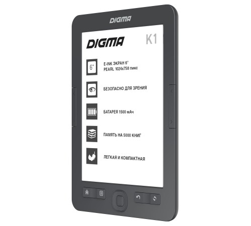 Электронная книга Digma K1 6" E-ink HD Pearl 758x1024 600MHz 128Mb/4Gb/SD/microSDHC темно-серый Электронная книга Digma K1 6" E-ink HD Pearl 758x1024 600MHz 128Mb/4Gb/SD/microSDHC темно-серый