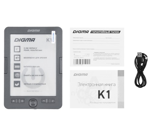 Электронная книга Digma K1 6" E-ink HD Pearl 758x1024 600MHz 128Mb/4Gb/SD/microSDHC темно-серый Электронная книга Digma K1 6" E-ink HD Pearl 758x1024 600MHz 128Mb/4Gb/SD/microSDHC темно-серый