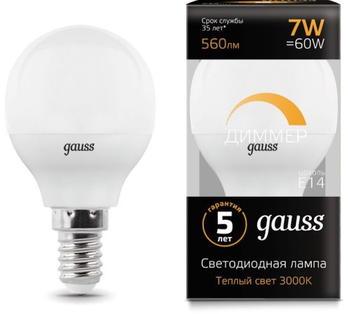 Лампа светодиодная Led Globe-dim E14 7Вт 3000К диммируемая Gauss 105101107-D