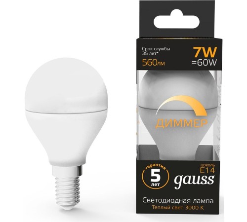 Лампа светодиодная Led Globe-dim E14 7Вт 3000К диммируемая Gauss 105101107-D