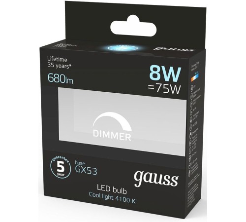 Лампа светодиодная Gauss GX53 8Вт цок.:GX53 таблетка 220B 4100K св.свеч.бел.нейт. (упак.:1шт) (108408208-D) Лампа светодиодная Gauss GX53 8Вт цок.:GX53 таблетка 220B 4100K св.свеч.бел.нейт. (упак.:1шт) (108408208-D)