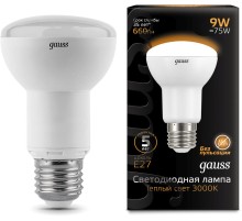 Лампа светодиодная Gauss R63 9Вт цок.:E27 рефлек. 220B 3000K св.свеч.бел.теп. (упак.:10шт) (106002109)