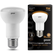 Лампа светодиодная Gauss R63 9Вт цок.:E27 рефлек. 220B 3000K св.свеч.бел.теп. (упак.:10шт) (106002109)
