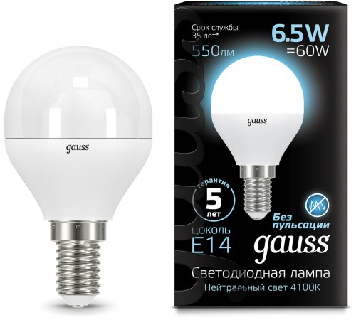 Лампа светодиодная Gauss 6.5Вт цок.:E14 шар 220B 4100K св.свеч.бел.нейт. (упак.:10шт) (105101207) Лампа светодиодная Gauss 6.5Вт цок.:E14 шар 220B 4100K св.свеч.бел.нейт. (упак.:10шт) (105101207)