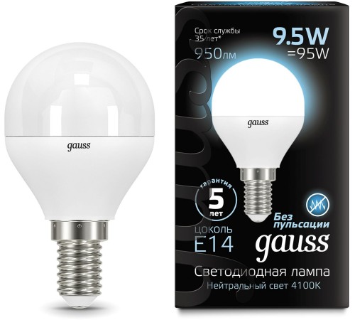 Лампа светодиодная Gauss 9.5Вт цок.:E14 шар 220B 4100K св.свеч.бел.ней. (упак.:10шт) (105101210) Лампа светодиодная Gauss 9.5Вт цок.:E14 шар 220B 4100K св.свеч.бел.ней. (упак.:10шт) (105101210)