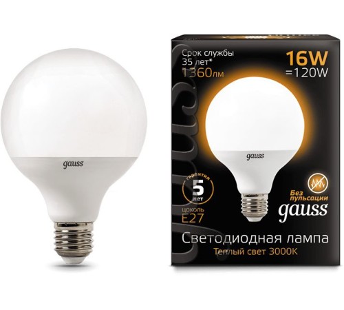 Лампа светодиодная Gauss G95 16Вт цок.:E27 шар 220B 3000K св.свеч.бел.теп. (упак.:1шт) (105102116)