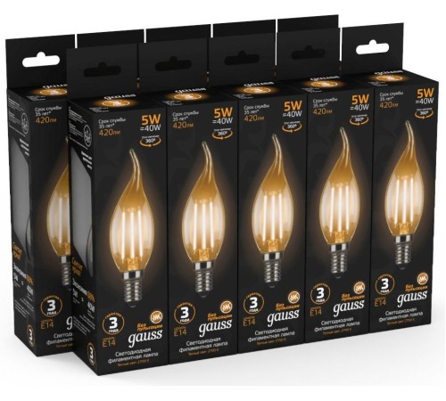Лампа филам. Gauss Filament 5Вт цок.:E14 свеча 220B 2700K св.свеч.бел.теп. (упак.:10шт) (104801105) Лампа филам. Gauss Filament 5Вт цок.:E14 свеча 220B 2700K св.свеч.бел.теп. (упак.:10шт) (104801105)