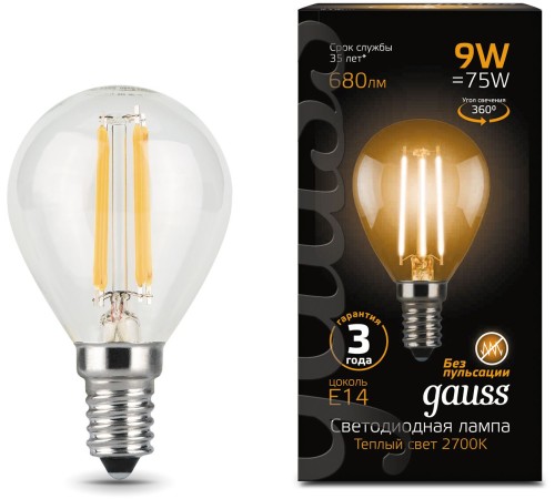 Лампа филам. Gauss Filament 9Вт цок.:E14 шар 220B 2700K св.свеч.бел.теп. (упак.:10шт) (105801109) Лампа филам. Gauss Filament 9Вт цок.:E14 шар 220B 2700K св.свеч.бел.теп. (упак.:10шт) (105801109)