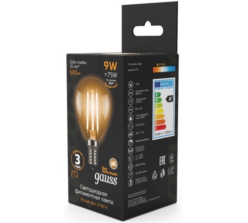 Лампа филам. Gauss Filament 9Вт цок.:E14 шар 220B 2700K св.свеч.бел.теп. (упак.:10шт) (105801109) Лампа филам. Gauss Filament 9Вт цок.:E14 шар 220B 2700K св.свеч.бел.теп. (упак.:10шт) (105801109)