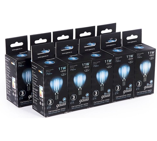 Лампа филам. Gauss Filament 11Вт цок.:E14 шар 220B 4100K св.свеч.бел.нейт. (упак.:10шт) (105801211)