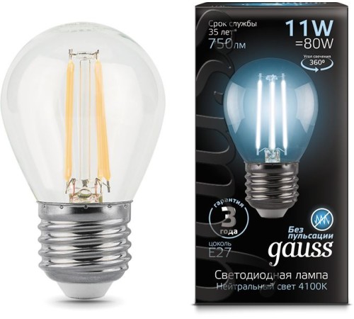 Лампа светодиодная Gauss Filament 11Вт цок.:E27 шар 220B 4100K св.свеч.бел.нейт. (упак.:1шт) (105802211) Лампа светодиодная Gauss Filament 11Вт цок.:E27 шар 220B 4100K св.свеч.бел.нейт. (упак.:1шт) (105802211)