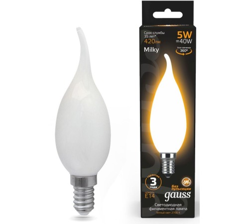 Лампа филам. Gauss Filament 5Вт цок.:E14 свеча 220B 2700K св.свеч.бел.теп. (упак.:1шт) (104201105)