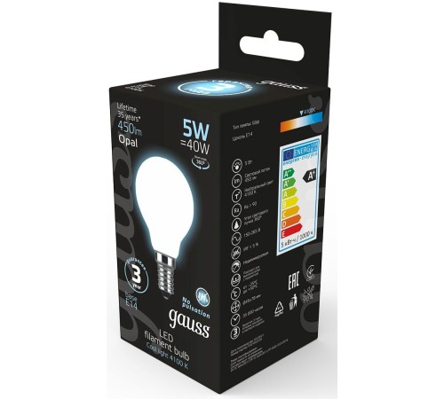 Лампа светодиодная Gauss Filament 5Вт цок.:E14 шар 220B 4100K св.свеч.бел.нейт. (упак.:1шт) (105201205)