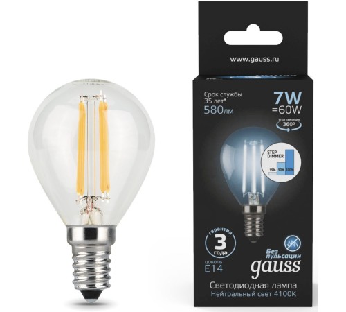 Лампа светодиодная Gauss Filament 7Вт цок.:E14 шар 220B 4100K св.свеч.бел.нейт. (упак.:1шт) (105801207-S)