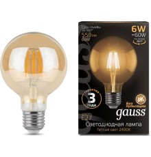Лампа светодиодная Gauss Filament G95 6Вт цок.:E27 шар 220B 2400K св.свеч.бел.теп. (упак.:1шт) (105802006)
