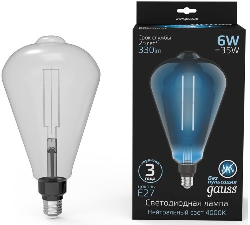 Лампа филам. Gauss Filament Vintage 6Вт цок.:E27 эдисон 220B 4000K св.свеч.бел.нейт. (упак.:1шт) (157802205)