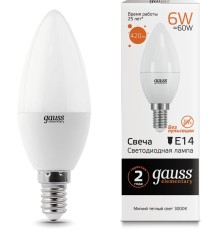 Лампа светодиодная Gauss Elementary 6Вт цок.:E14 свеча 220B 3000K св.свеч.бел.теп. C37 (упак.:1шт) (33116)